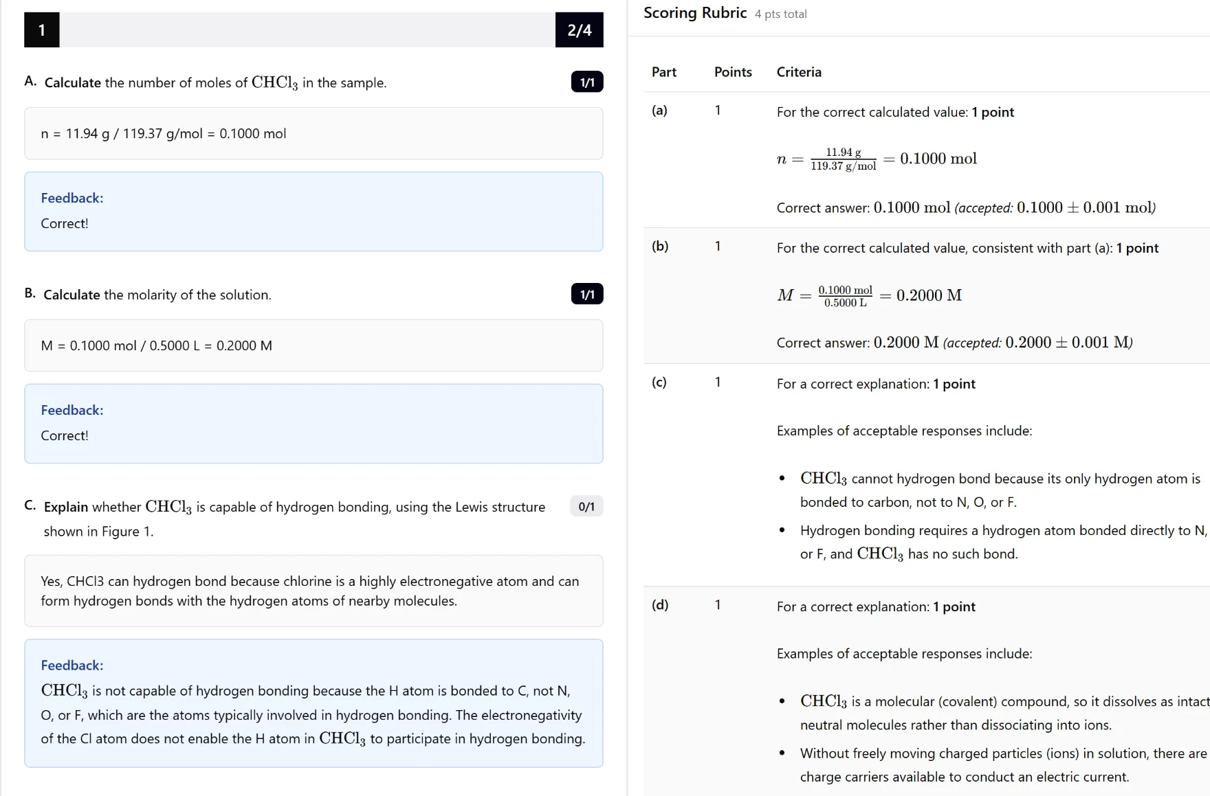 Studyfor5 FRQ review showing parts A and B scored 1 out of 1 and part C scored 0 out of 1, with written feedback explaining the missed point beside the scoring rubric for each part.